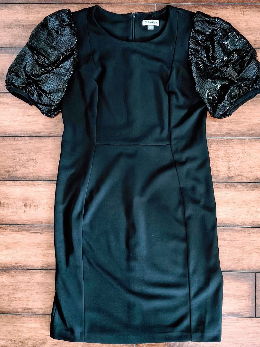 Calvin Klein Black Sequin Puff Sleeve Cocktail Sheath Dress Size 14